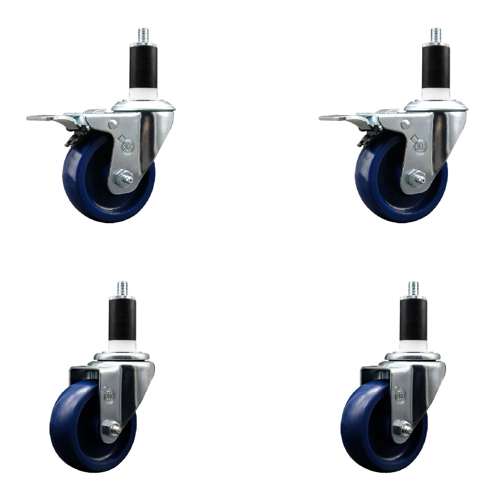 Stainless Steel Solid Polyurethane Swivel Expanding Stem Caster with 3.5 in. Blue Wheels & 1.38 in. Stems - Set of 4