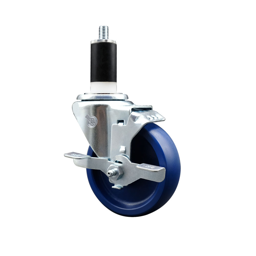 SCC-SSEX20S414-SPUS-TLB-138 Stainless Steel Solid Polyurethane Expanding Stem Swivel Caster with 4 in. Blue Wheel & 1.38 in. Stem & Top Locking Brake