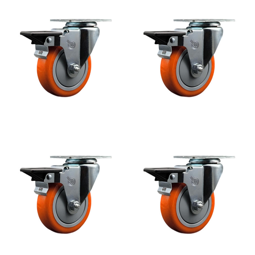 SCC-20S414-PPUB-ORG-PLB-4 Polyurethane Swivel Top Plate Caster with 4 in. Orange Wheels - Set of 4