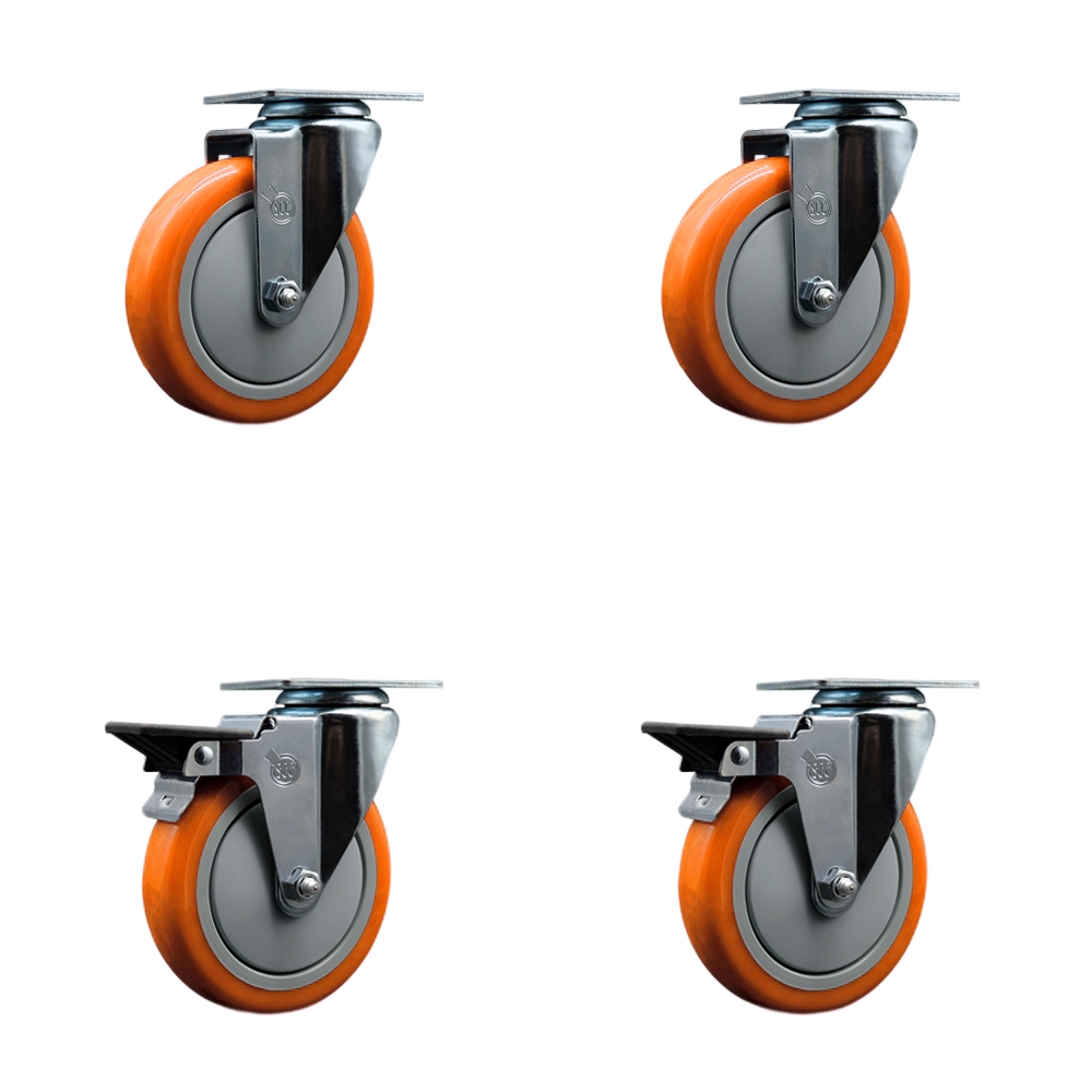 SCC-20S514-PPUB-ORG-2-PLB-2 Polyurethane Swivel Top Plate Caster with 5 in. Orange Wheels - Set of 4