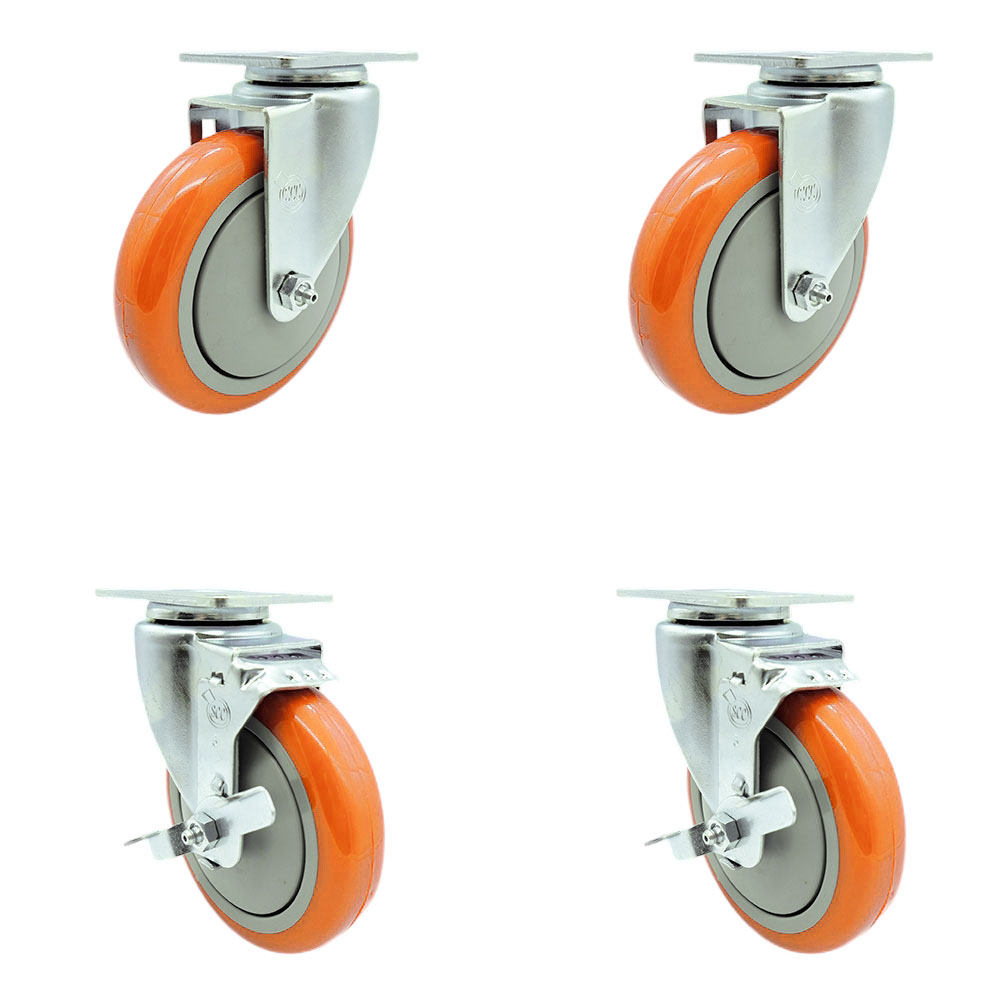 SCC-20S514-PPUB-ORG-2-TLB-2 Polyurethane Swivel Top Plate Caster with 5 in. Orange Wheels - Set of 4