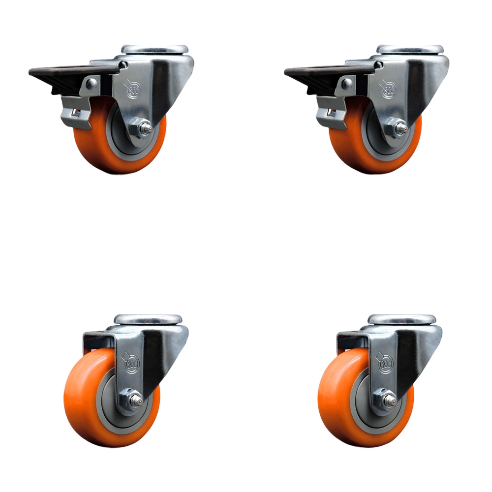 SCC-BH20S314-PPUB-ORG-PLB-2-S-2 Polyurethane Swivel Bolt Hole Caster with 3 x 1.25 in. Orange Wheels - Set of 4