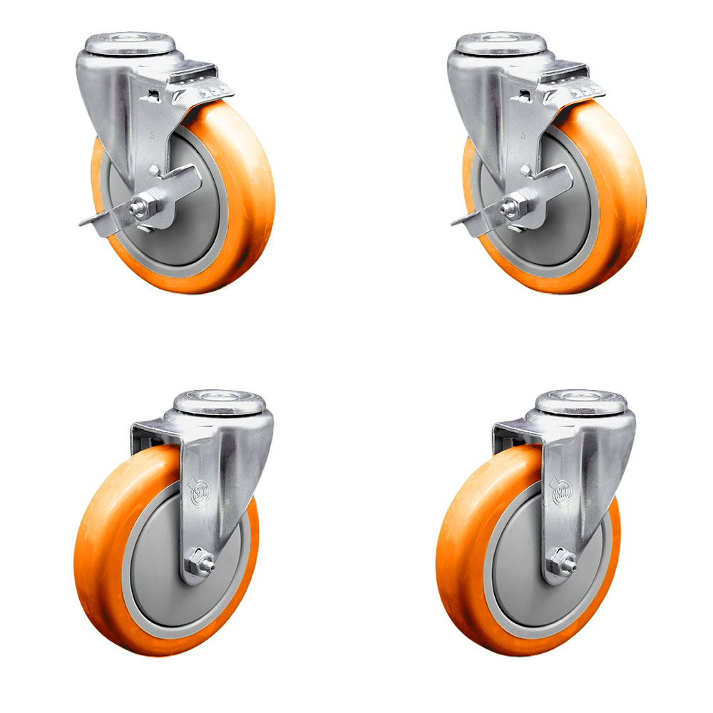 SCC-BH20S514-PPUB-ORG-TLB-2-S-2 Polyurethane Swivel Bolt Hole Caster with 5 x 1.25 in. Orange Wheels - Set of 4