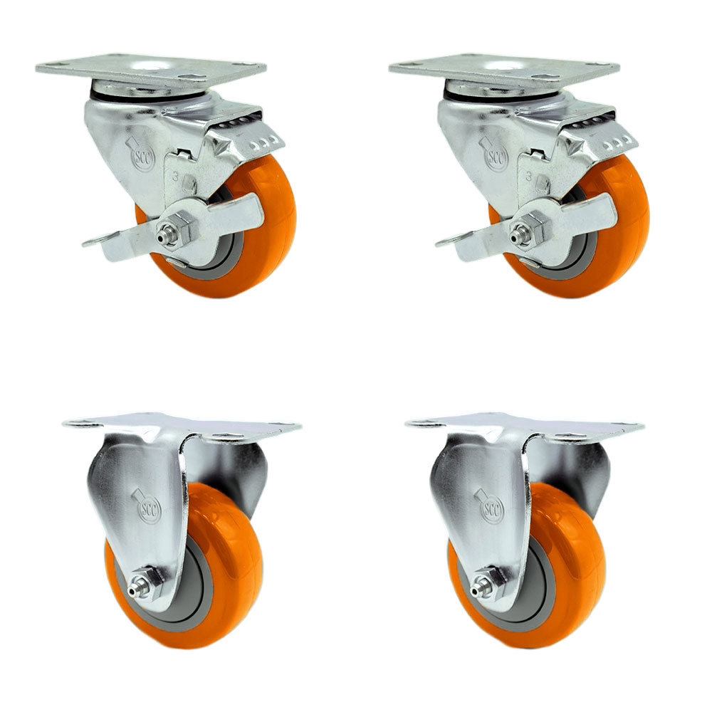 SCC-20S314-PPUB-ORG-TLB-2-R314-2 Polyurethane Swivel Top Plate Caster with 3 in. Orange Wheels - Set of 4