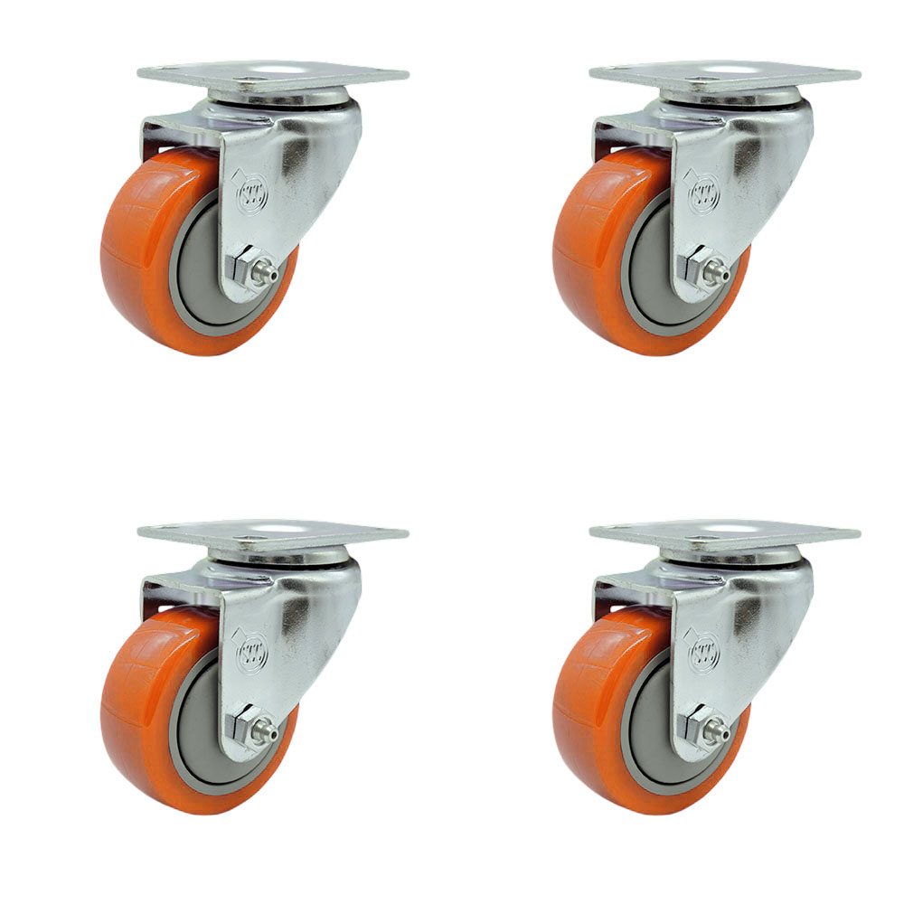 SCC-20S314-PPUB-ORG-TP3-4 Swivel Caster with 3 in. Orange Polyurethane Wheel - 4 x 4.5 in. Overall Top Plate - Set of 4