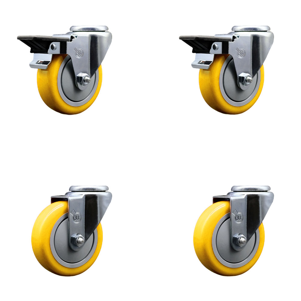SCC-BH20S414-PPUB-YEL-PLB-2-S-2 Polyurethane Swivel Bolt Hole Caster with 4 x 1.25 in. Yellow Wheels - Set of 4