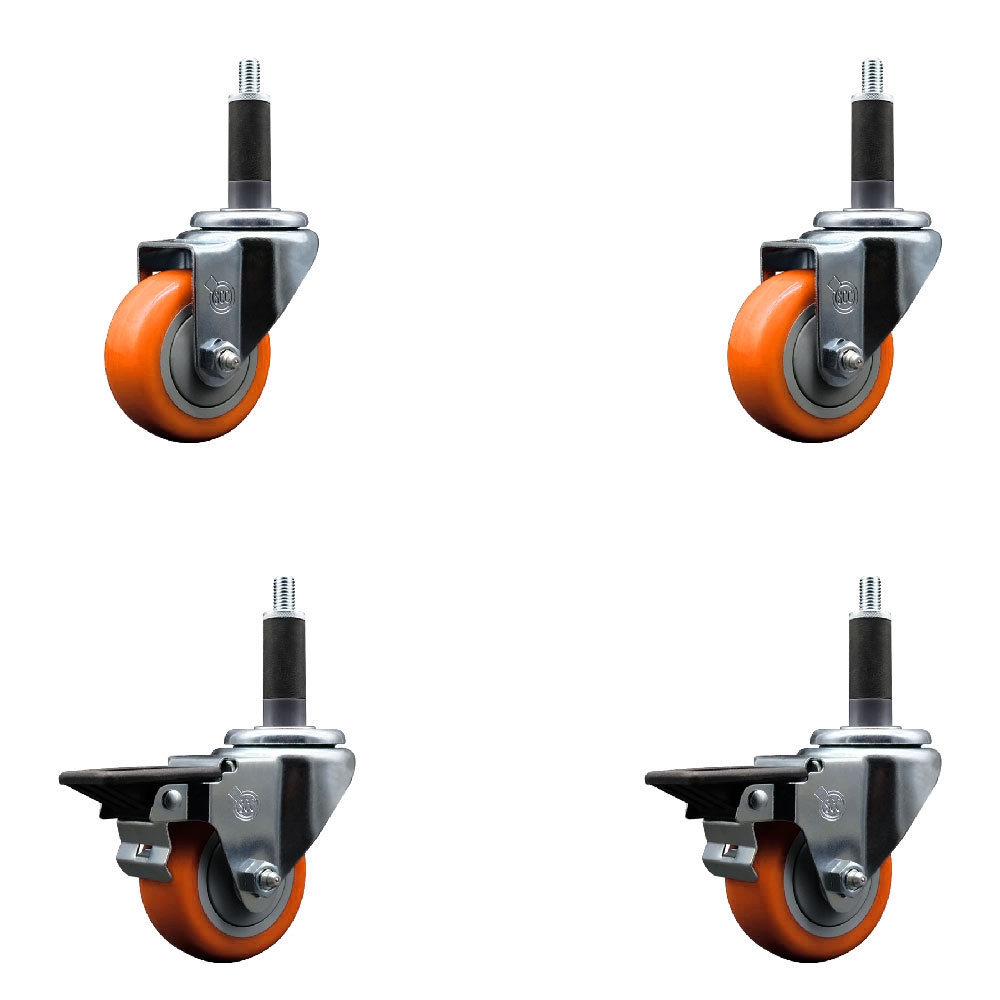 SCC-EX20S314-PPUB-ORG-2-PLB-2-1 Polyurethane Swivel Expanding Stem Caster with 3 in. Orange Wheels & 1 in. Stems - Set of 4
