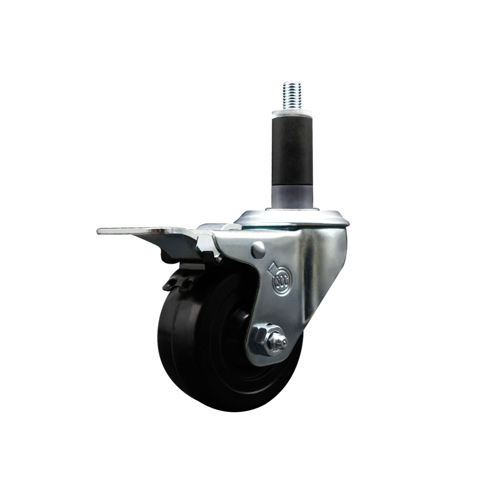 SCC-SSEXTTL20S314-SRS-118 Stainless Steel Soft Rubber Expanding Stem Swivel Caster with 3 in. Black Wheel & 1.13 in. Stem & Total Locking Brake