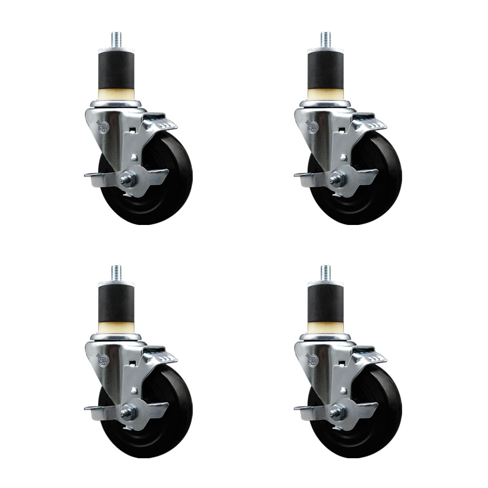 Stainless Steel Soft Rubber Swivel Expanding Stem Caster with 4 in. Black Wheels & 1.87 in. Stems, 4 Swivel with Top Locking Brakes - Set of 4