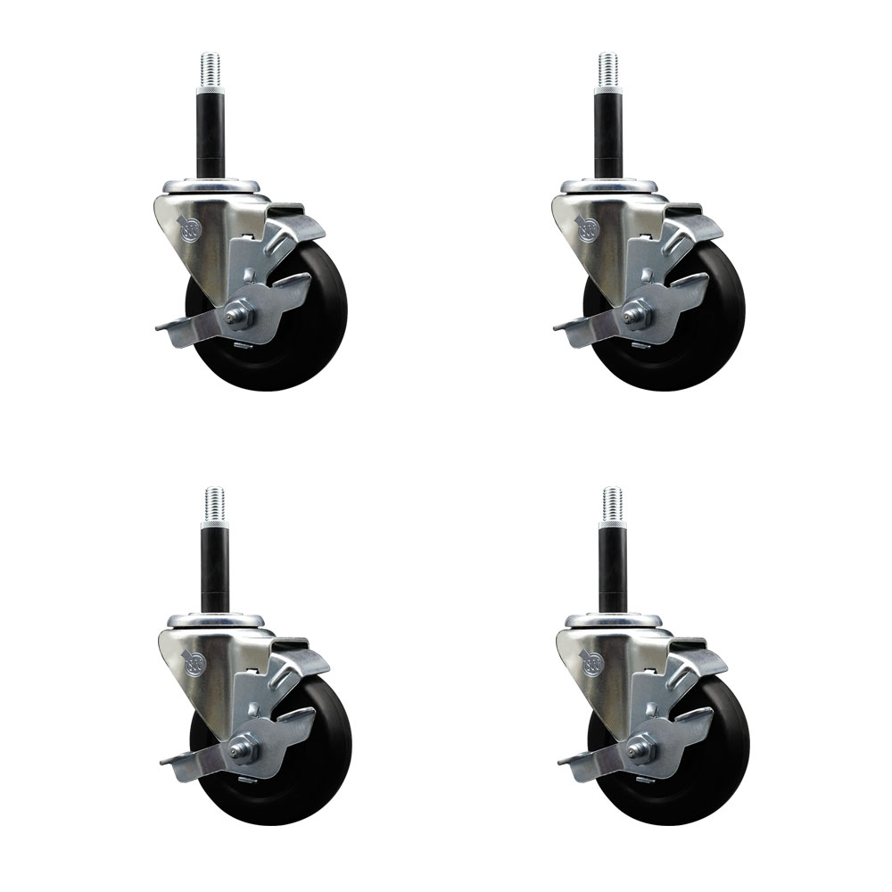 Stainless Steel Soft Rubber Swivel Expanding Stem Caster with 3.5 in. Black Wheels & 0.75 in. Stems, 4 Swivel with Top Locking Brakes - Set of 4