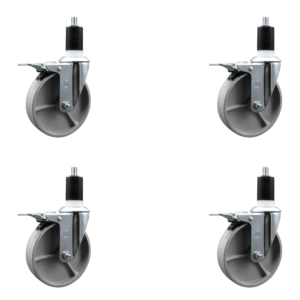 Semi Steel Cast Iron Swivel Expanding Stem Caster with Roller Bearings 5 x 1.5 in. Silver Wheels & 1.5 in. Stems 4 with Total Lock Brakes - Set of 4