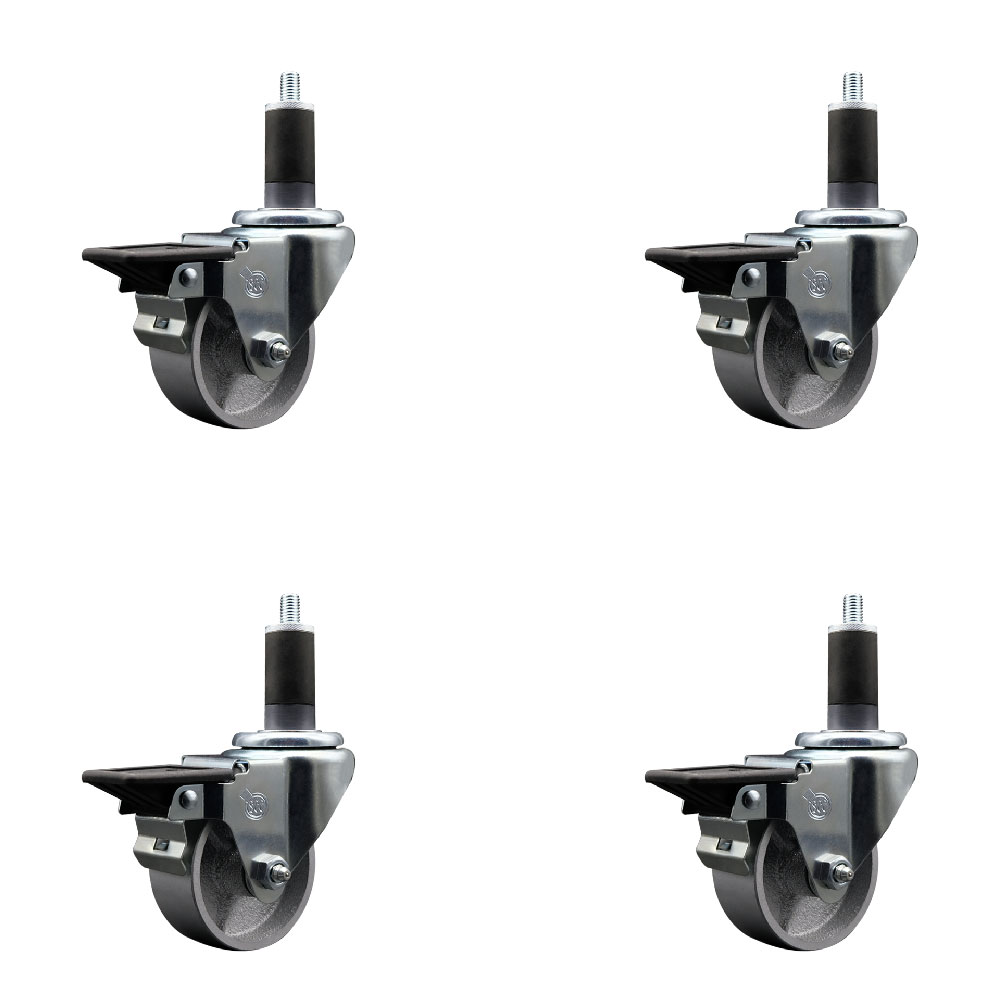 Semi Steel Cast Iron Swivel Expanding Stem Caster with Roller Bearings 3 x 1.5 in. Silver Wheels & 1.25 in. Stems 4 with Posi Lock Brakes - Set of 4