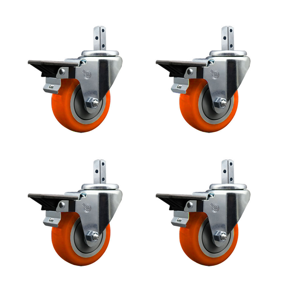 Swivel Square Stem Caster with 3.5 x 1.25 in. Orange Poly Wheel, 0.75 x 2 in. Square Stem with 3 0.26 in. Diameter Mounting Holes - Set of 4