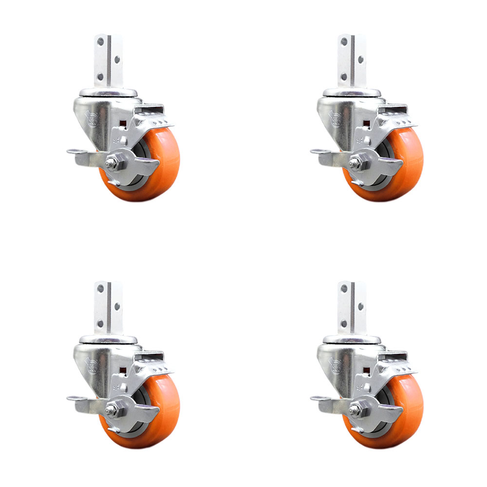 Swivel Square Stem Caster with 3.5 x 1.25 in. Orange Poly Wheel, 0.75 x 2 in. Square Stem with 3 0.26 in. Diameter Mounting Holes - Set of 4