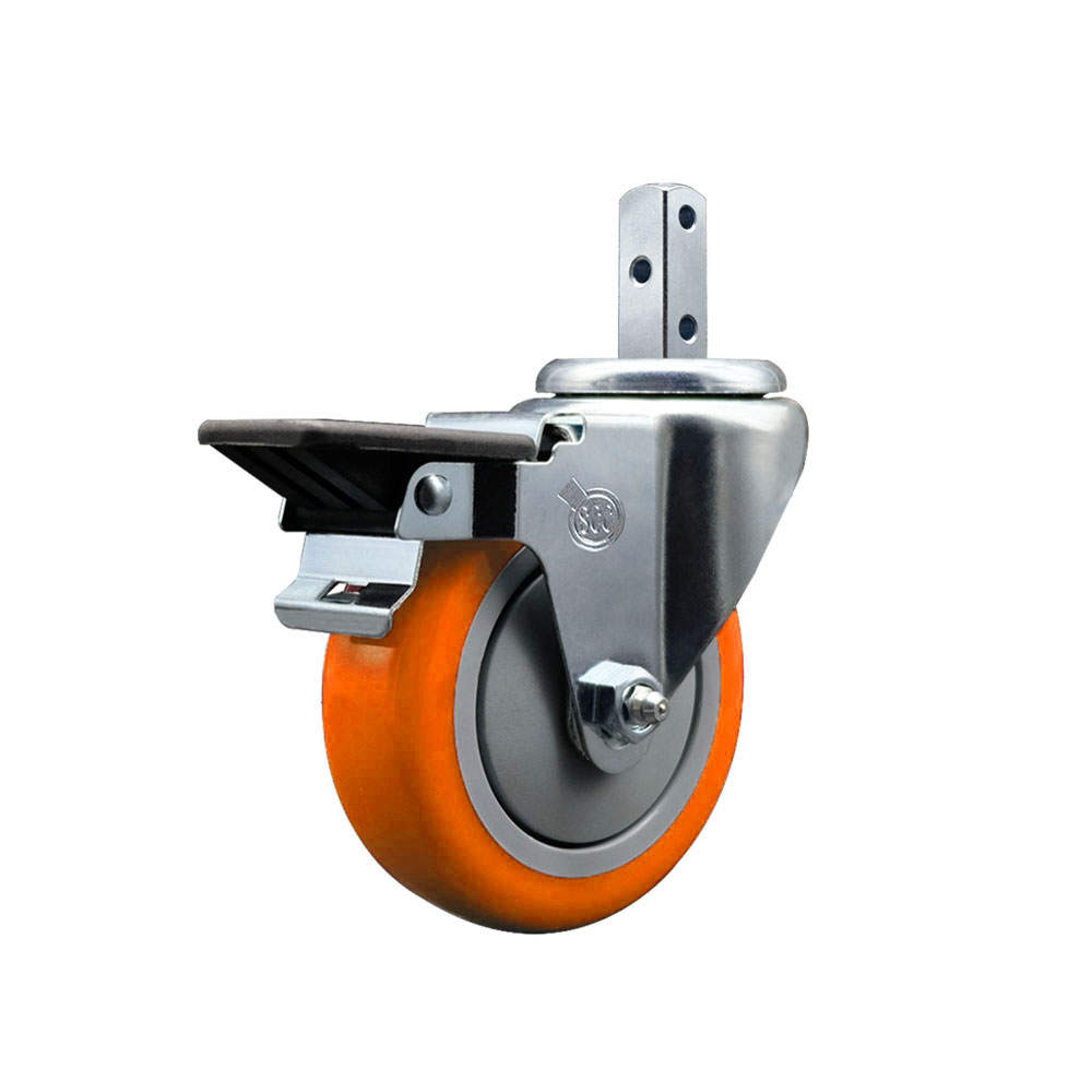 Swivel Square Stem Caster with 4 x 1.25 in. Orange Polyurethane Wheel, 0.75 x 2 in. Square Stem with 3 0.26 in. Diameter Mounting Holes