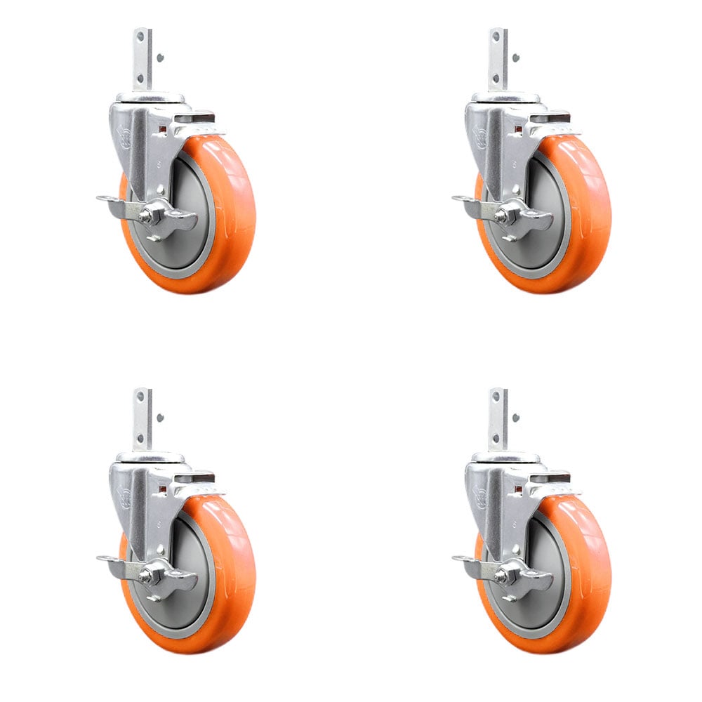 Swivel Square Stem Caster with 5 x 1.25 in. Orange Poly Wheel, 0.87 x 2 in. Square Stem with 3 0.26 in. Diameter Mounting Holes - Set of 4