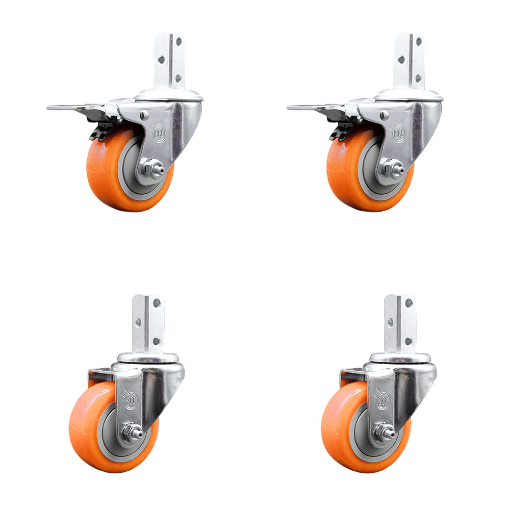 Swivel Square Stem Caster with 3.5 x 1.25 in. Orange Poly Wheel, 0.75 x 2 in. Square Stem with 3 0.26 in. Diameter Mounting Holes - Set of 4
