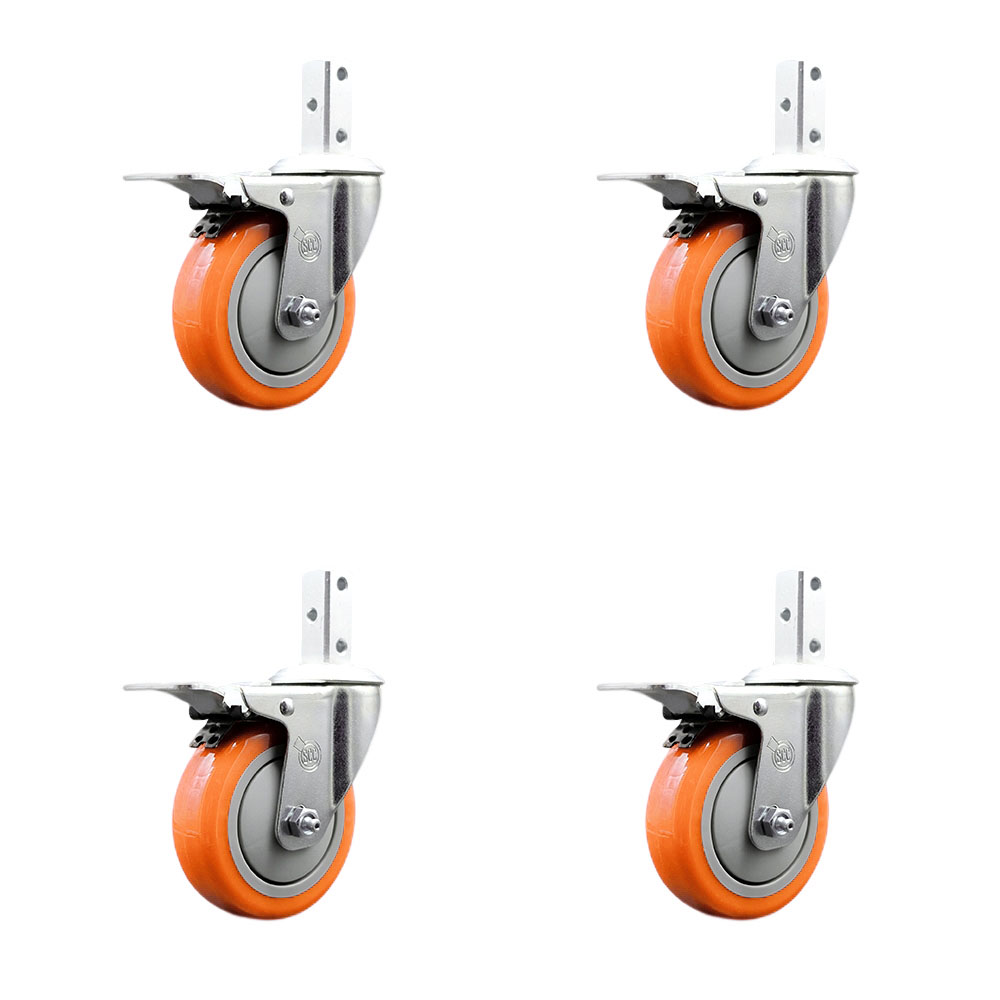 Swivel Square Stem Caster with 4 x 1.25 in. Orange Poly Wheel, 0.75 x 2 in. Square Stem with 3 0.26 in. Diameter Mounting Holes - Set of 4