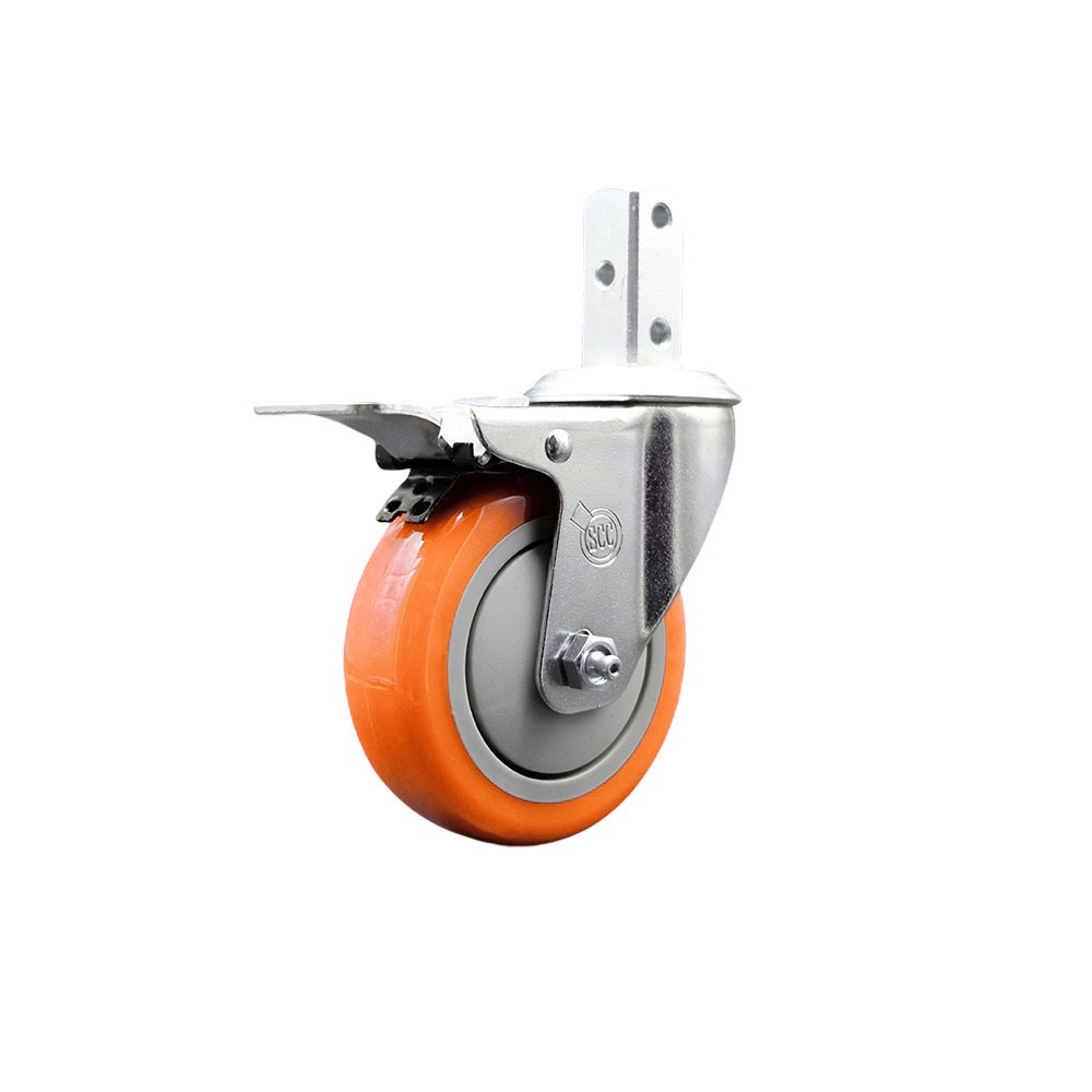 Swivel Square Stem Caster with 4 x 1.25 in. Orange Polyurethane Wheel, 0.87 x 2 in. Square Stem with 3 0.26 in. Diameter Mounting Holes