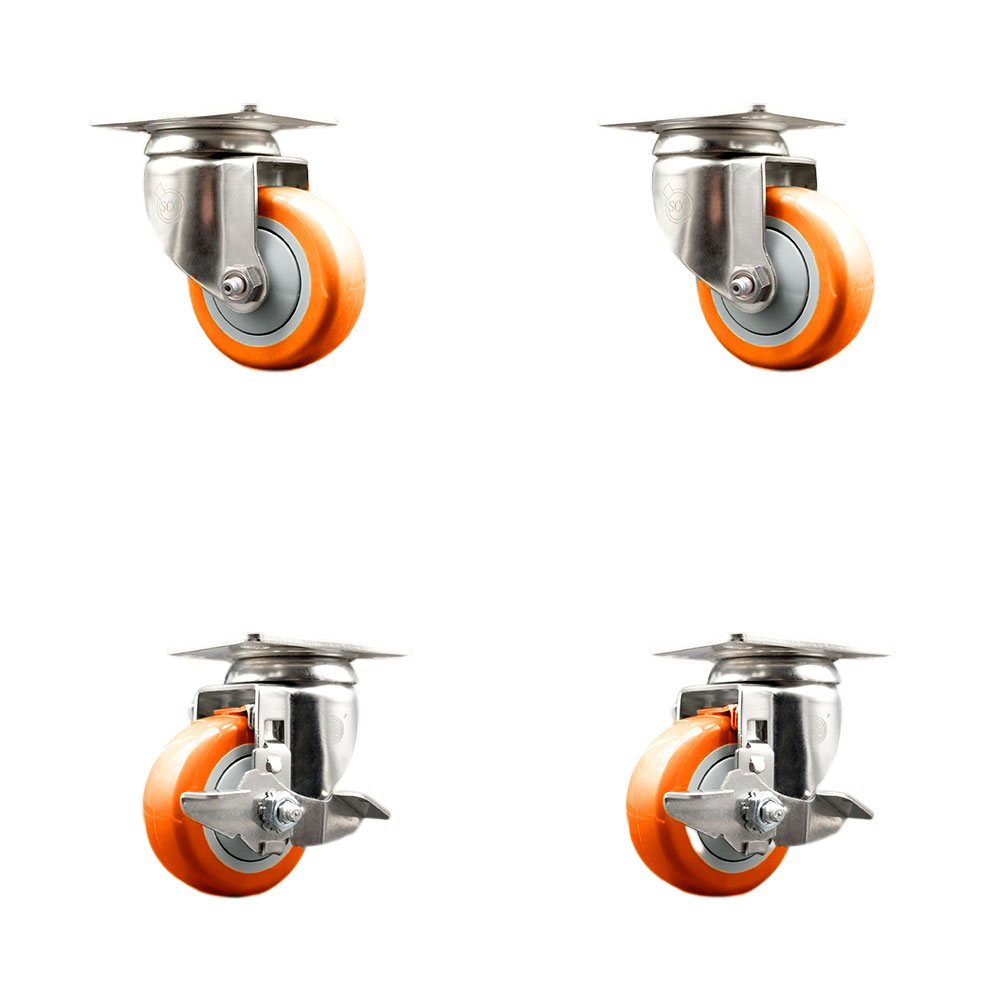 SCC-SS31620S3514-PPUB-ORG-2-TLB-2 Polyurethane Swivel Top Plate Caster with 3.5 in. 316 Stainless Steel Orange Wheels - Set of 4