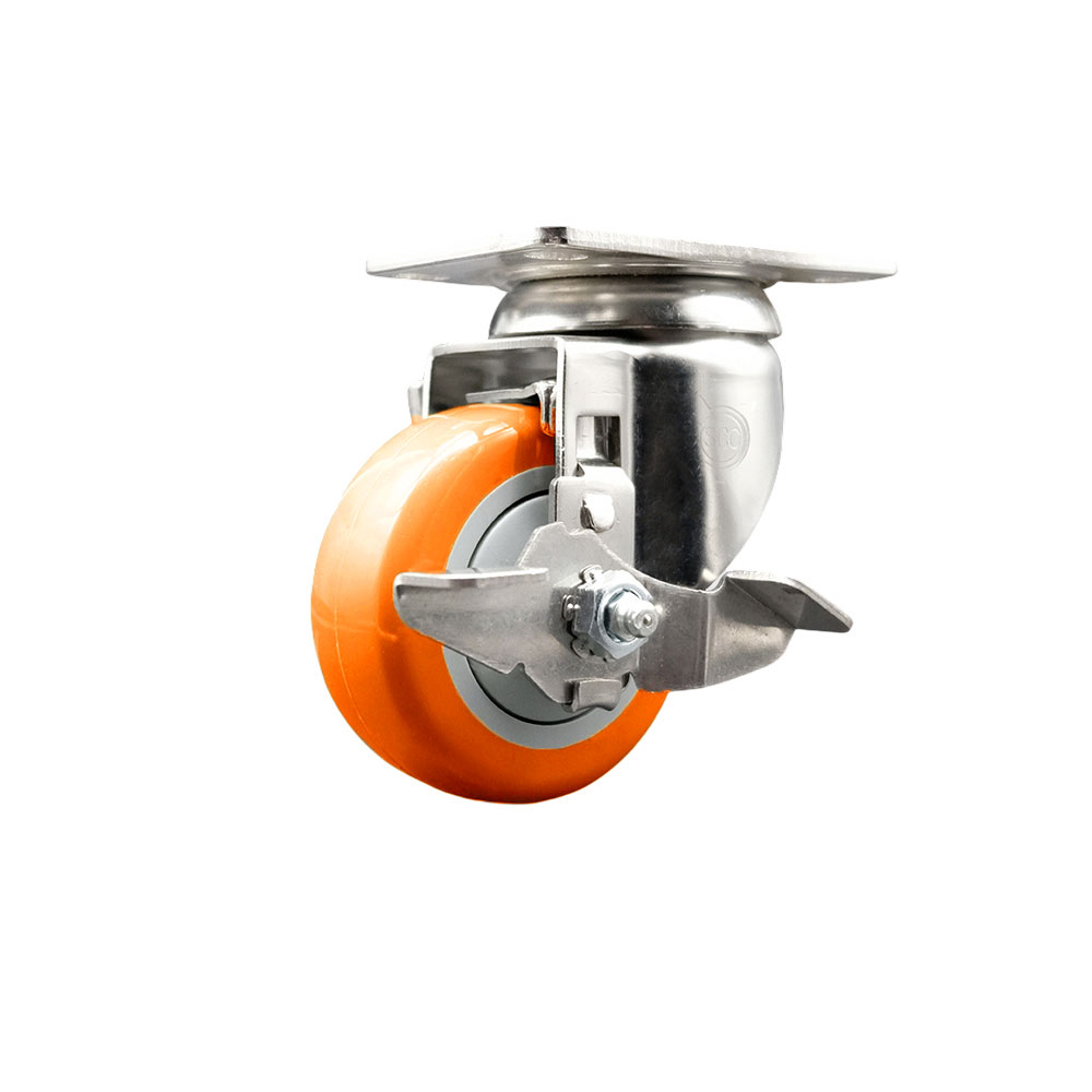 SCC-SS31620S3514-PPUB-ORG-TLB Polyurethane Swivel Top Plate Caster with 3.5 in. 316 Stainless Steel Orange Caster Wheel & Top Lock Brake