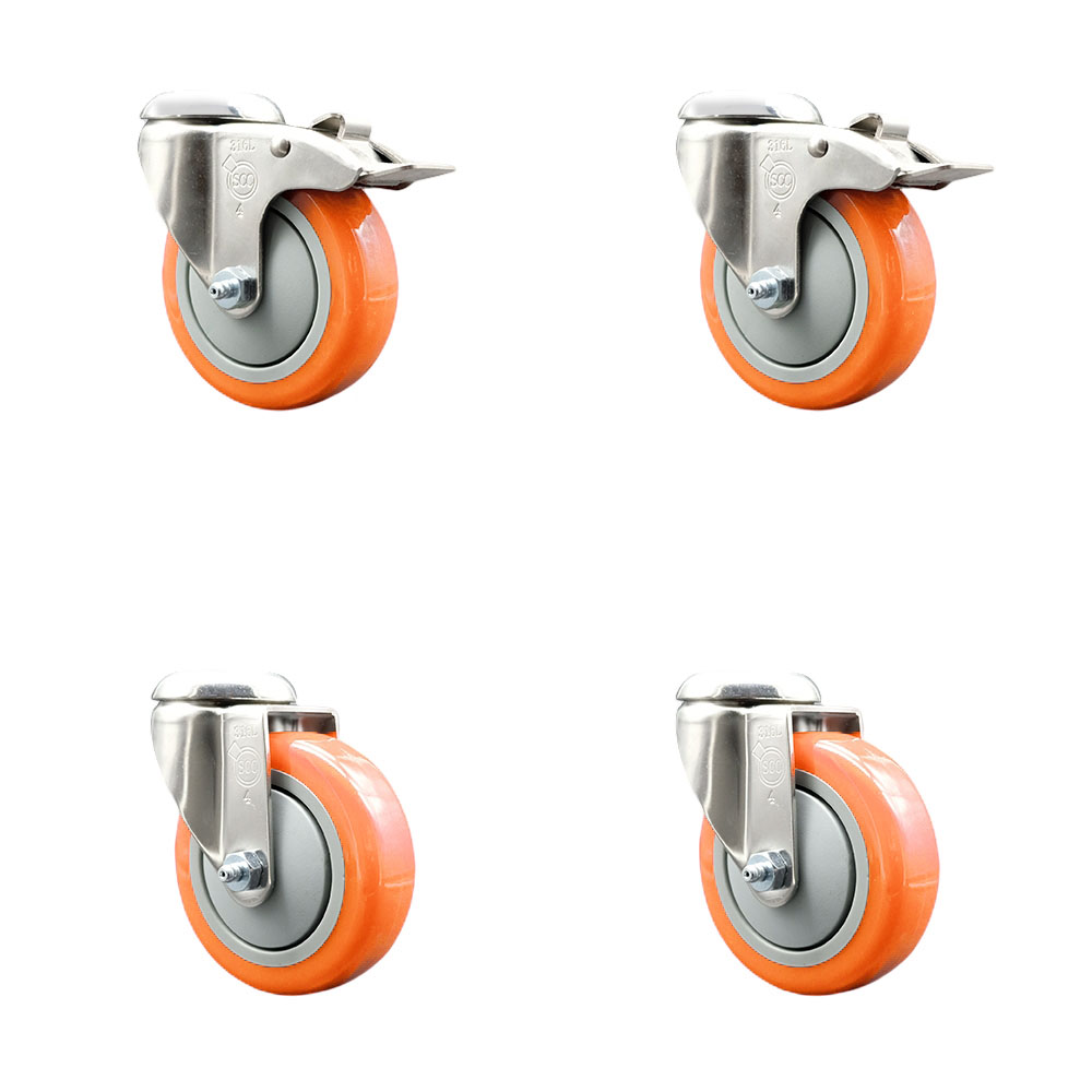 SCC-SS316BHTTL20S414-PPUB-ORG-2-S-2 Polyurethane Swivel Bolt Hole Caster with 4 in. Orange Caster Wheels - 316 Stainless Steel Casters - Set of 4