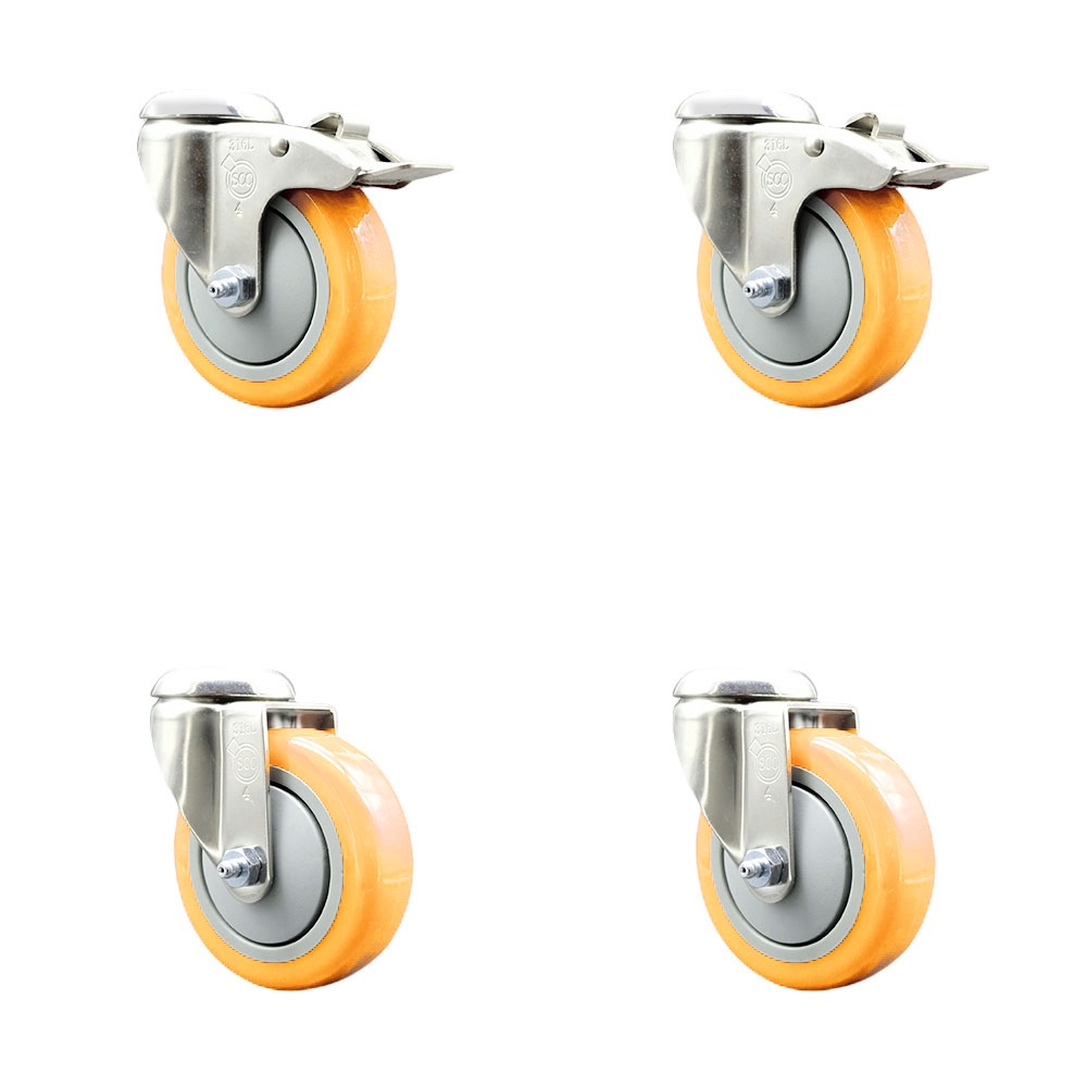 SCC-SS316BHTTL20S414-PPUB-YEL-2-S-2 Polyurethane Swivel Bolt Hole Caster with 4 in. Yellow Caster Wheels - 316 Stainless Steel Casters - Set of 4