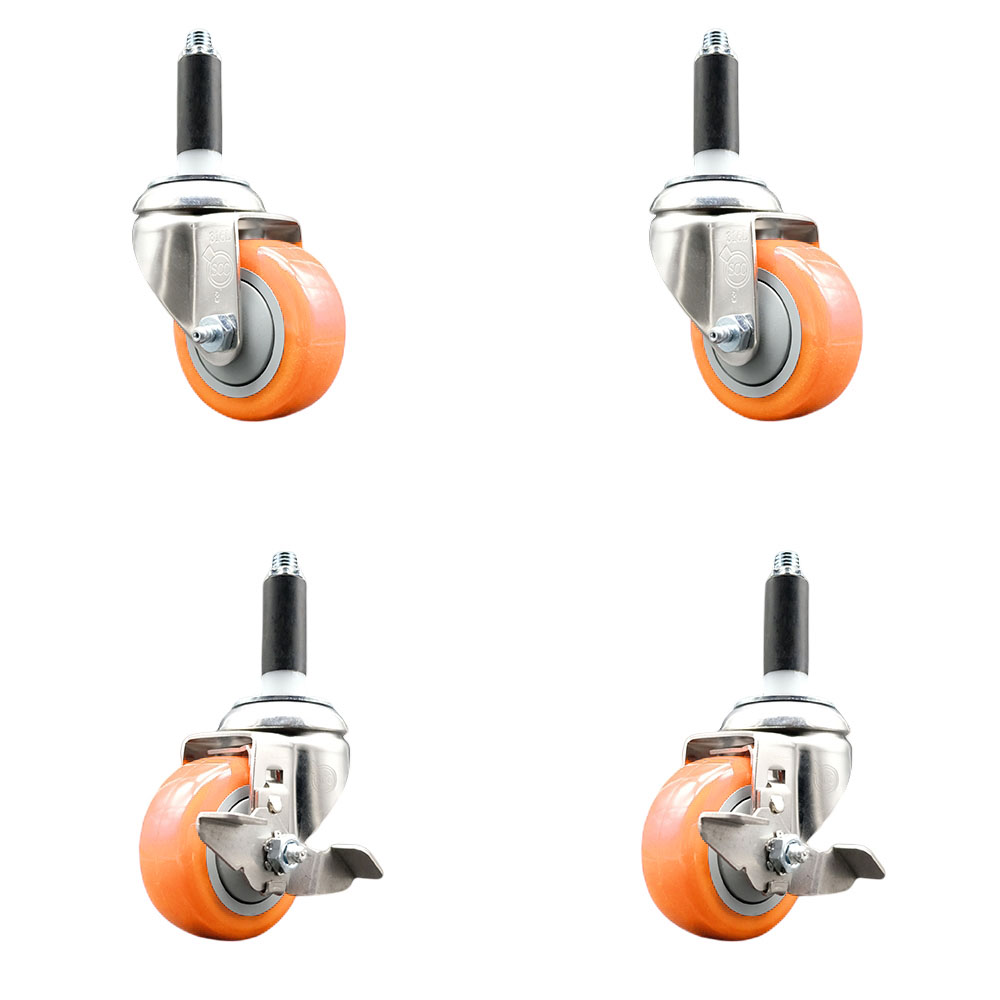 Polyurethane Swivel Stem Caster with 3 in. Orange Caster Wheels, 0.75 in. Expanding Stems - 316 Stainless Steel Casters - Set of 4