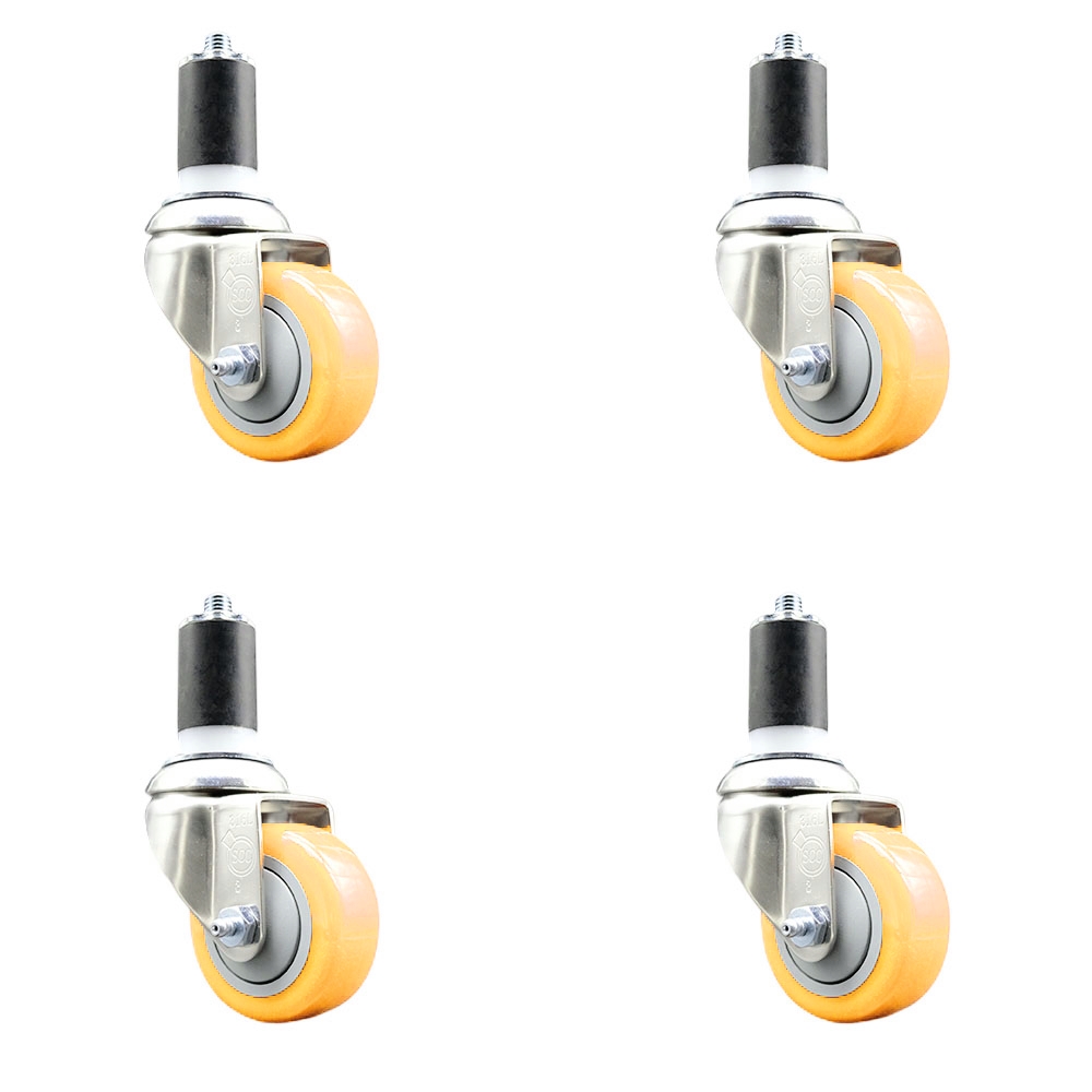 Polyurethane Swivel Stem Caster with 3 in. Yellow Caster Wheels, 1.5 in. Expanding Stems - 316 Stainless Steel Casters - Set of 4