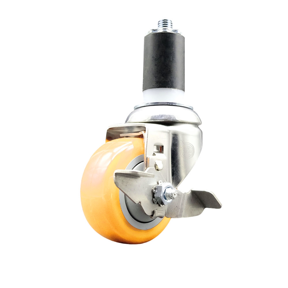 Polyurethane Swivel Stem Caster with 3 in. Yellow Caster Wheels & Top Lock Brake, 1.63 in. Expanding Stem - 316 Stainless Steel Caster