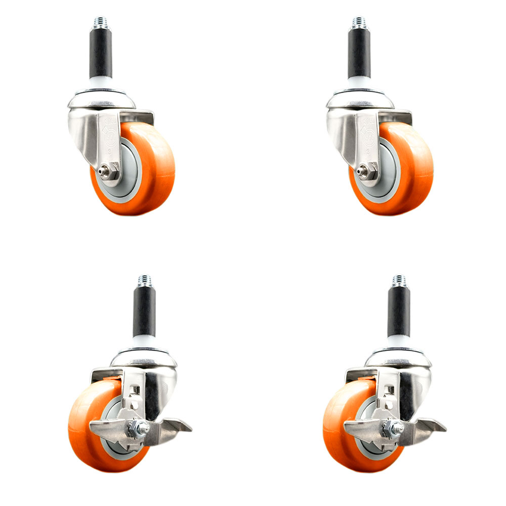 Polyurethane Swivel Stem Caster with 3.5 in. Orange Caster Wheels, 0.75 in. Expanding Stems - 316 Stainless Steel Casters - Set of 4