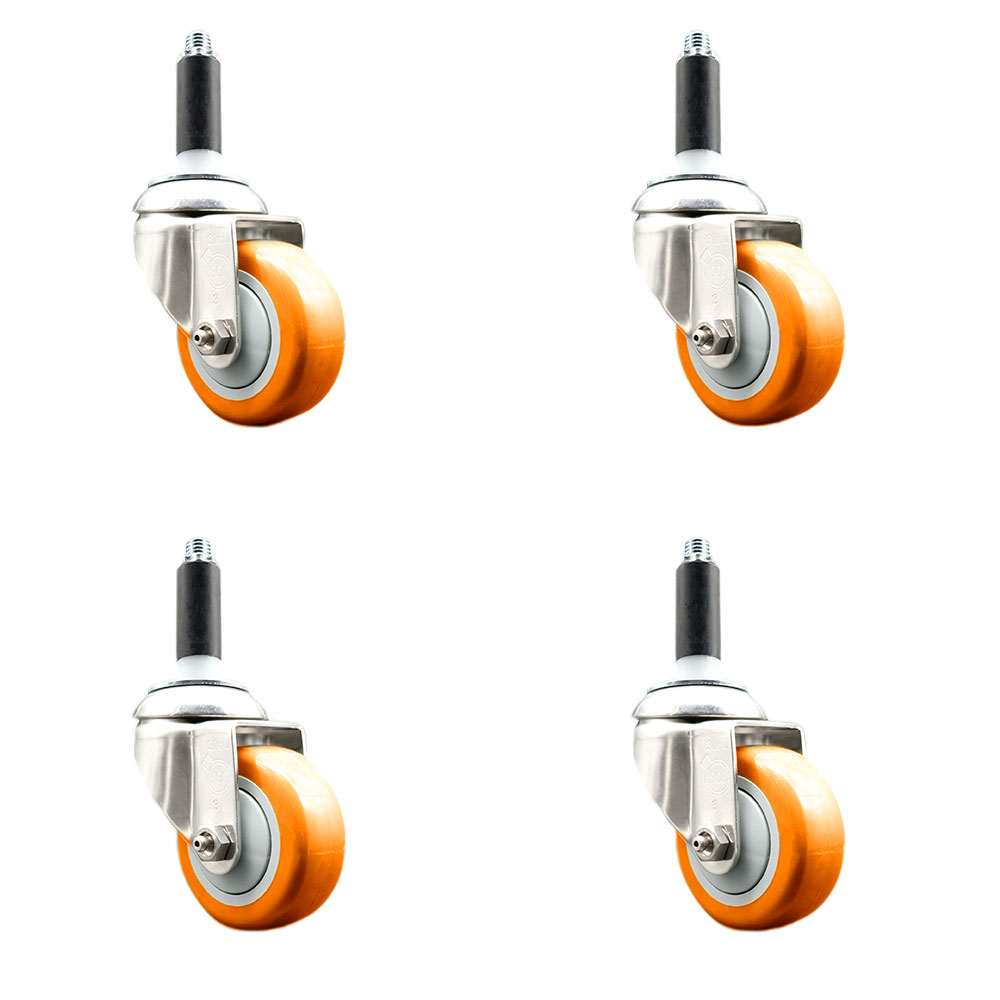 Polyurethane Swivel Stem Caster with 3.5 in. Orange Caster Wheels, 0.87 in. Expanding Stems - 316 Stainless Steel Casters - Set of 4