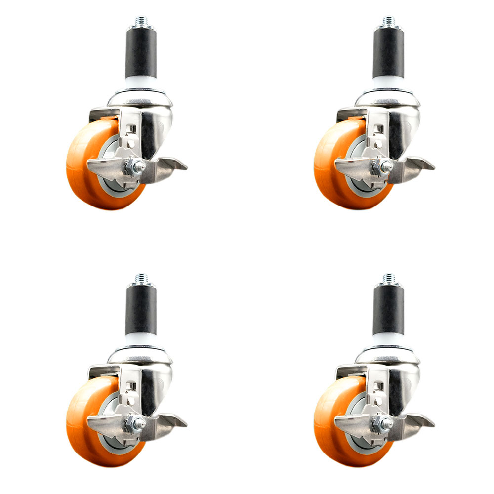 Polyurethane Swivel Stem Caster with 3.5 in. Orange Caster Wheels, 1.38 in. Expanding Stems - 316 Stainless Steel Casters - Set of 4