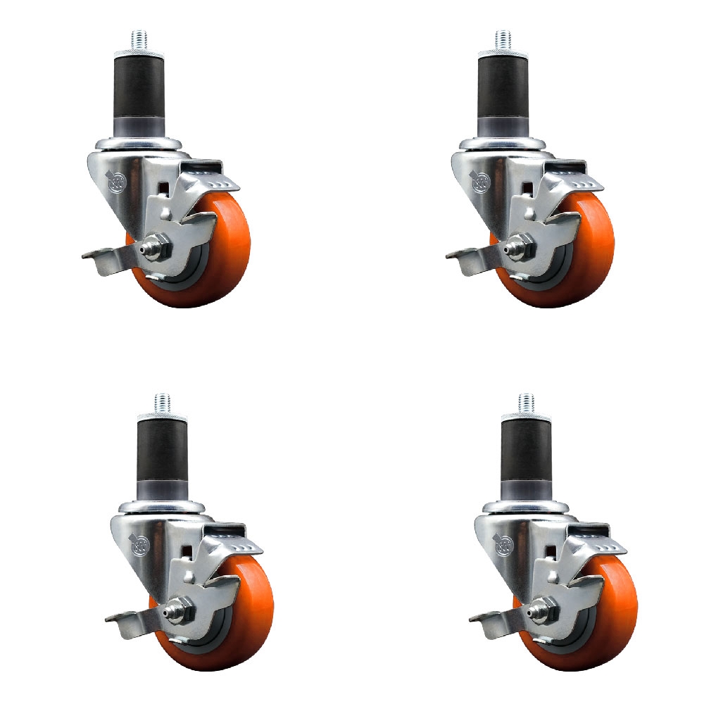 Polyurethane Swivel Stem Caster with 3.5 in. Orange Caster Wheels, 1.63 in. Expanding Stems - 316 Stainless Steel Casters - Set of 4