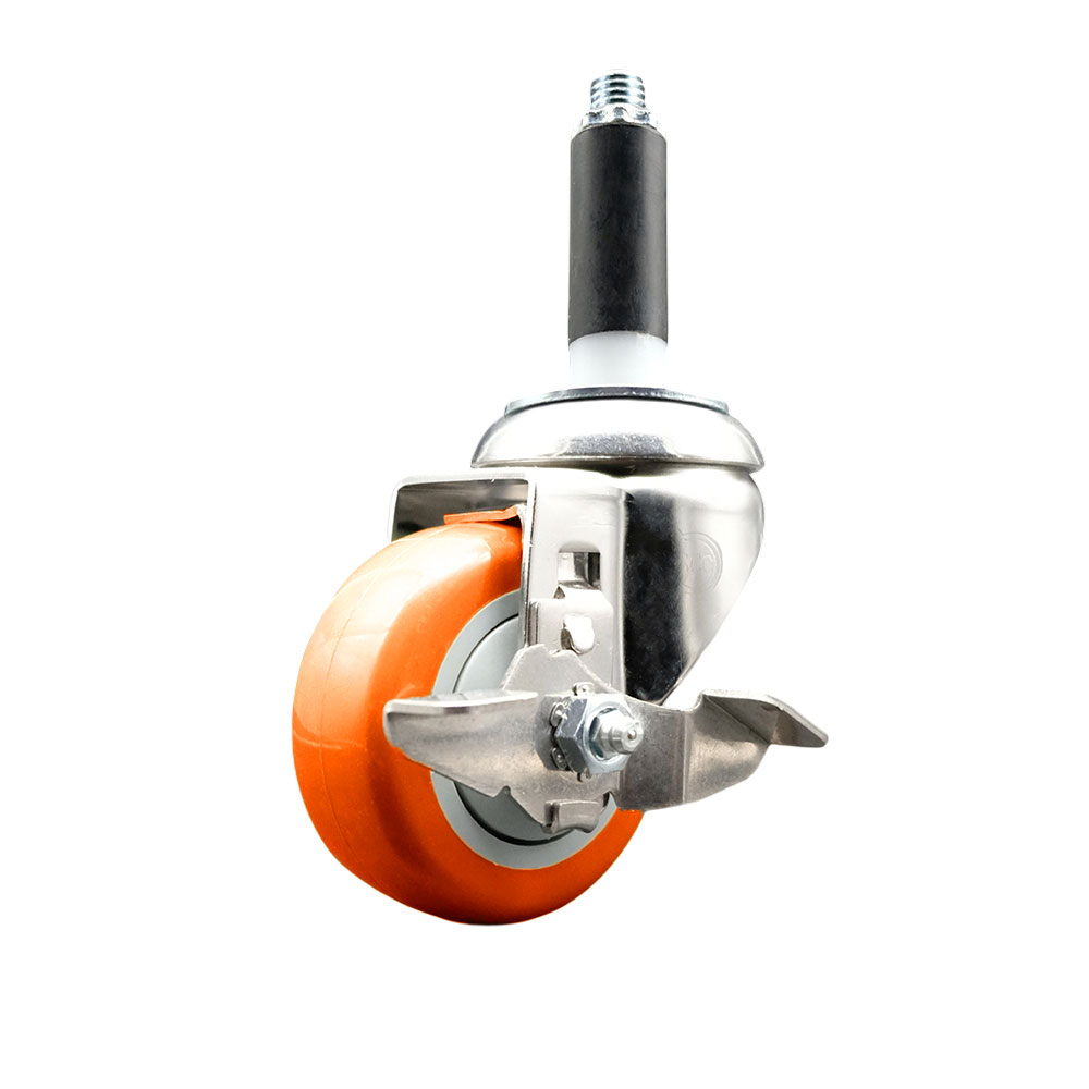 Polyurethane Swivel Stem Caster with 3.5 in. Orange Caster Wheels & Top Lock Brake, 0.87 in. Expanding Stem - 316 Stainless Steel Caster