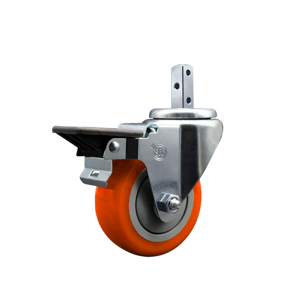 Swivel Square Stem Caster with 3.5 x 1.25 in. Orange Polyurethane Wheel, 0.87 x 2 in. Square Stem with 3 0.26 in. Diameter Mounting Holes