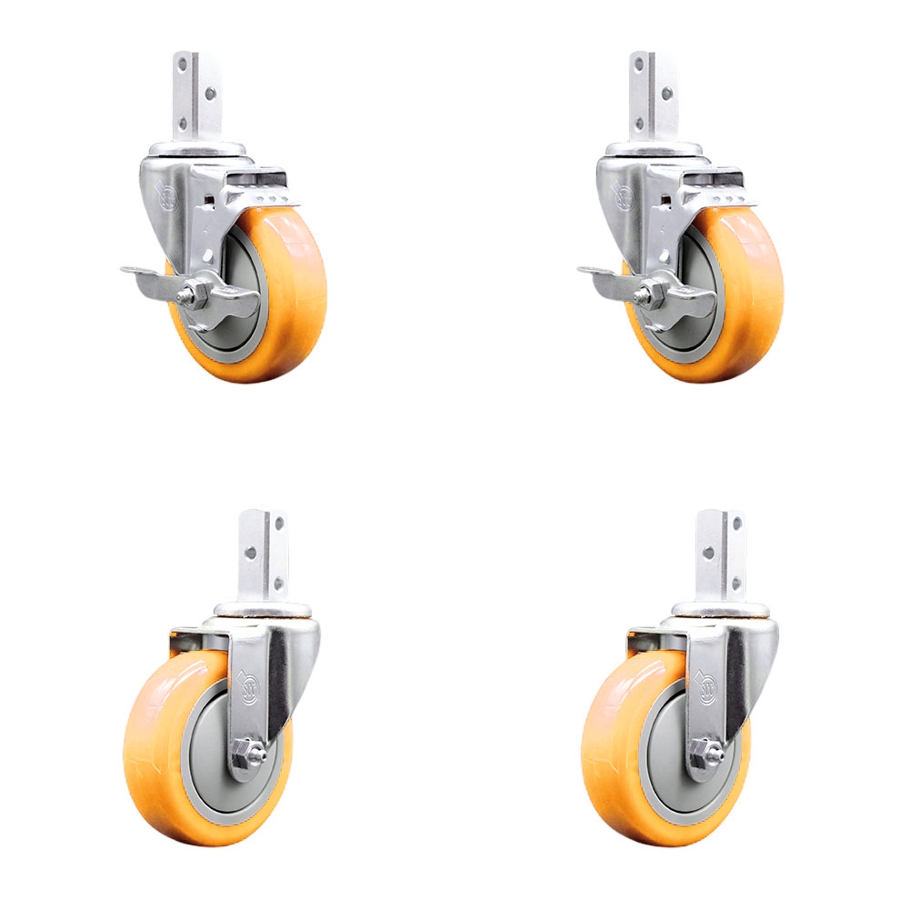 Swivel Square Stem Caster with 4 x 1.25 in. Yellow Poly Wheel, 0.75 x 2 in. Square Stem with 3 0.26 in. Diameter Mounting Holes - Set of 4