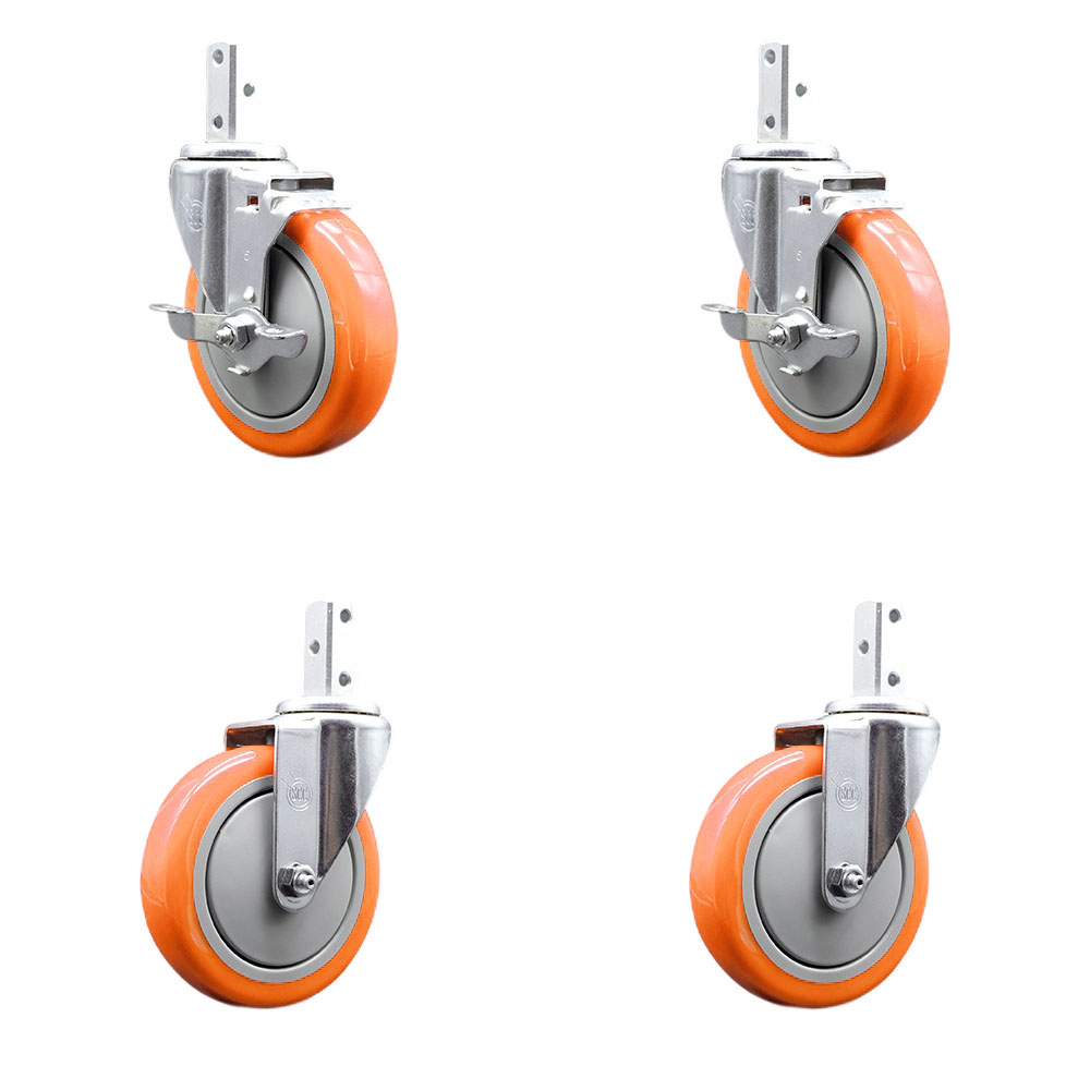 Swivel Square Stem Caster with 5 x 1.25 in. Orange Poly Wheel, 0.75 x 2 in. Square Stem with 3 0.26 in. Diameter Mounting Holes - Set of 4