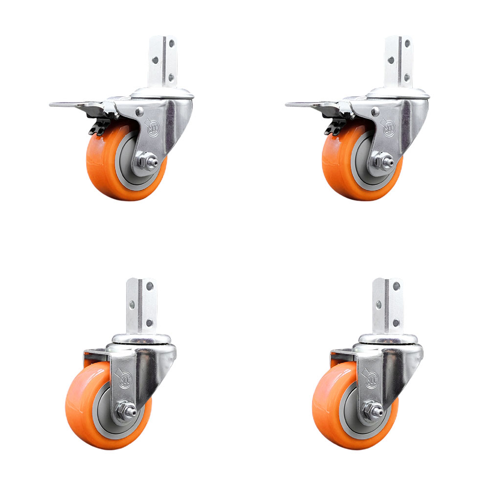 Swivel Square Stem Caster with 3 x 1.25 in. Orange Poly Wheel, 0.75 x 2 in. Square Stem with 3 0.26 in. Diameter Mounting Holes - Set of 4