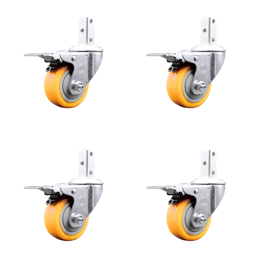 Swivel Square Stem Caster with 3.5 x 1.25 in. Yellow Poly Wheel- 0.75 x 2 in. Square Stem with 3 0.26 in. Diameter Mounting Holes - Set of 4