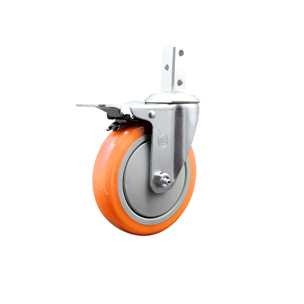 Swivel Square Stem Caster with 5 x 1.25 in. Orange Polyurethane Wheel, 0.87 x 2 in. Square Stem with 3 0.26 in. Diameter Mounting Holes