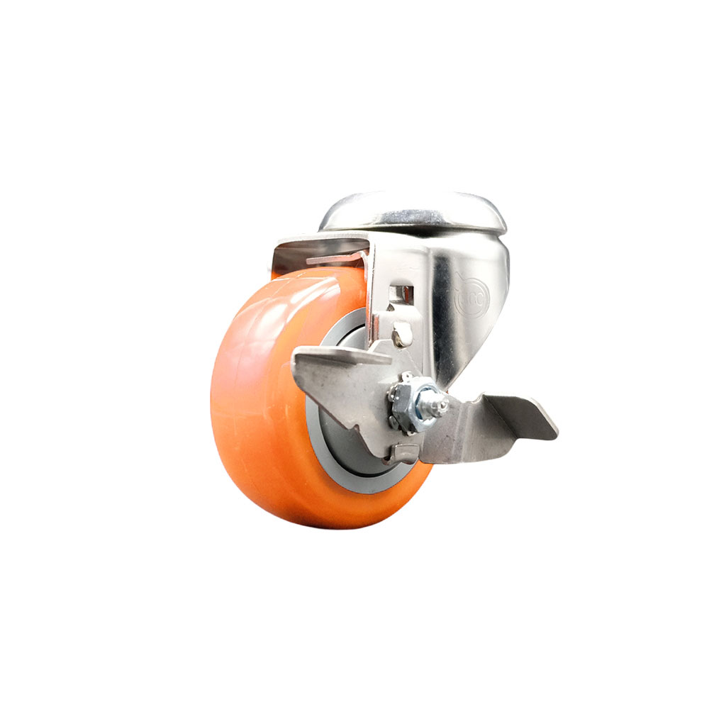 SCC-SS316BH20S314-PPUB-ORG-TLB Polyurethane Swivel Bolt Hole Caster with 3 in. Orange Caster Wheel & Top Lock Brake - 316 Stainless Steel Caster
