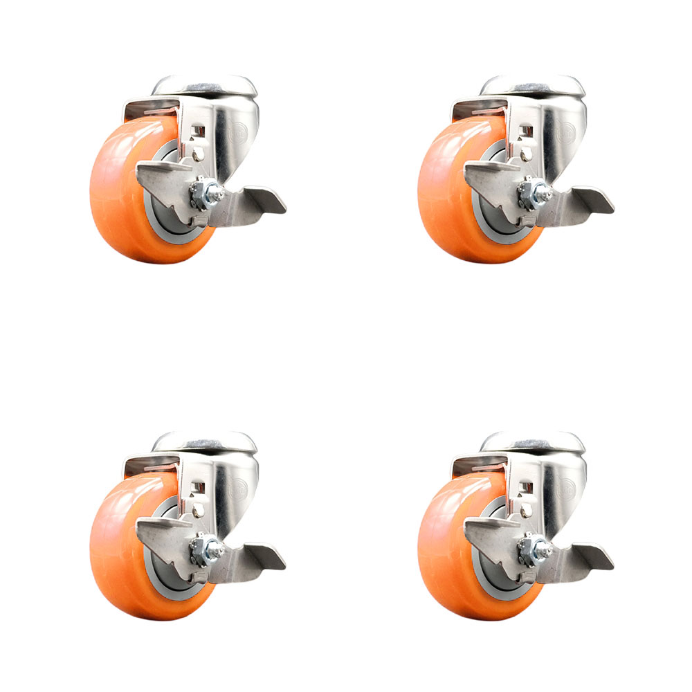 SCC-SS316BH20S314-PPUB-ORG-TLB-4 Polyurethane Swivel Bolt Hole Caster with 3 in. Orange Caster Wheels - 316 Stainless Steel Casters - Set of 4