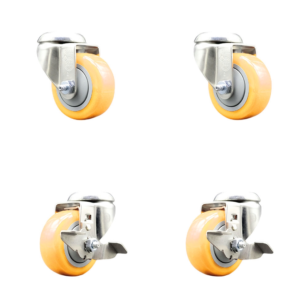 SCC-SS316BH20S314-PPUB-YEL-2-TLB-2 Polyurethane Swivel Bolt Hole Caster with 3 in. Yellow Caster Wheels - 316 Stainless Steel Casters - Set of 4