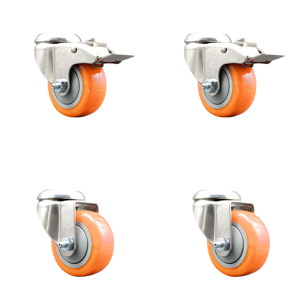SCC-SS316BHTTL20S314-PPUB-ORG-2-S-2 Polyurethane Swivel Bolt Hole Caster with 3 in. Orange Caster Wheels - 316 Stainless Steel Casters - Set of 4