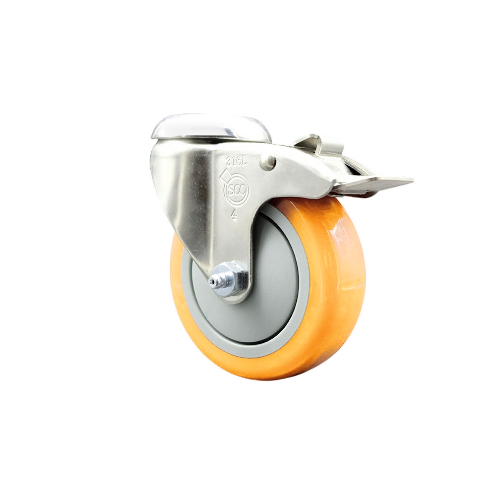 SCC-SS316BHTTL20S414-PPUB-YEL Polyurethane Swivel Bolt Hole Caster with 4 in. Yellow Caster Wheel & Total Lock Brake - 316 Stainless Steel Caster