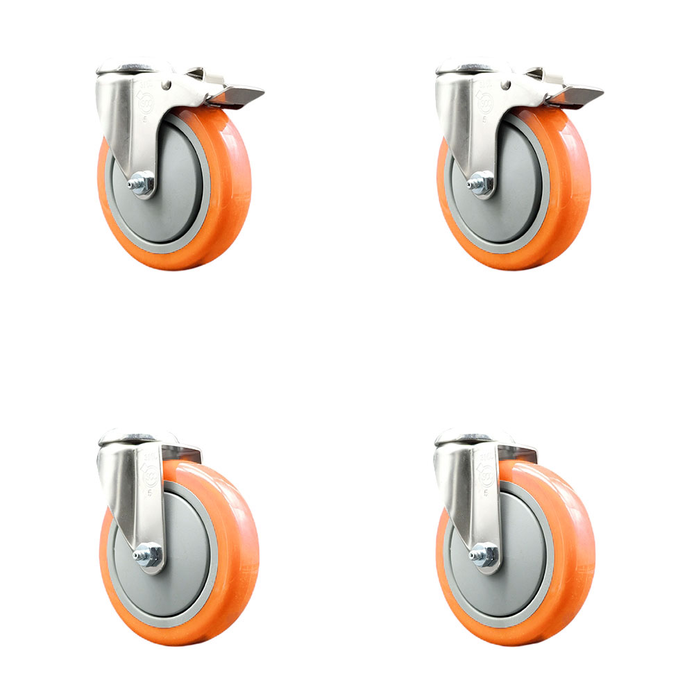 SCC-SS316BHTTL20S514-PPUB-ORG-2-S-2 Polyurethane Swivel Bolt Hole Caster with 5 in. Orange Caster Wheels - 316 Stainless Steel Casters - Set of 4
