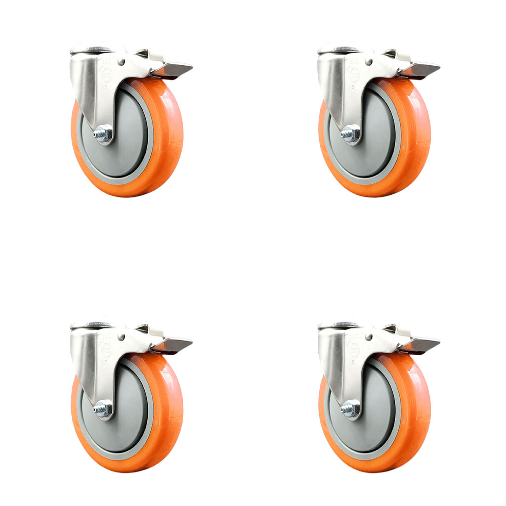 SCC-SS316BHTTL20S514-PPUB-ORG-4 Polyurethane Swivel Bolt Hole Caster with 5 in. Orange Caster Wheels - 316 Stainless Steel Caster - Set of 4