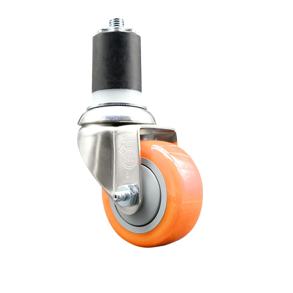 Polyurethane Swivel Stem Caster with 3 in. Orange Caster Wheels, 1.75 in. Expanding Stem - 316 Stainless Steel Caster