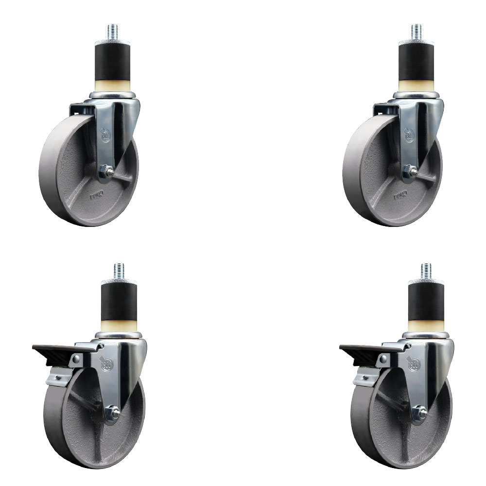 SCC-EX20S514-SSS-2-PLB-2-178 Semi Steel Cast Iron Swivel Expanding Stem Caster with 5 in. Silver Wheels & 1.87 in. Stems - Set of 4